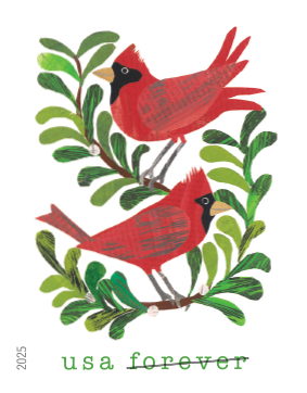 Real 2025 Holiday Cheer Forever stamp with cardinals for holiday cards